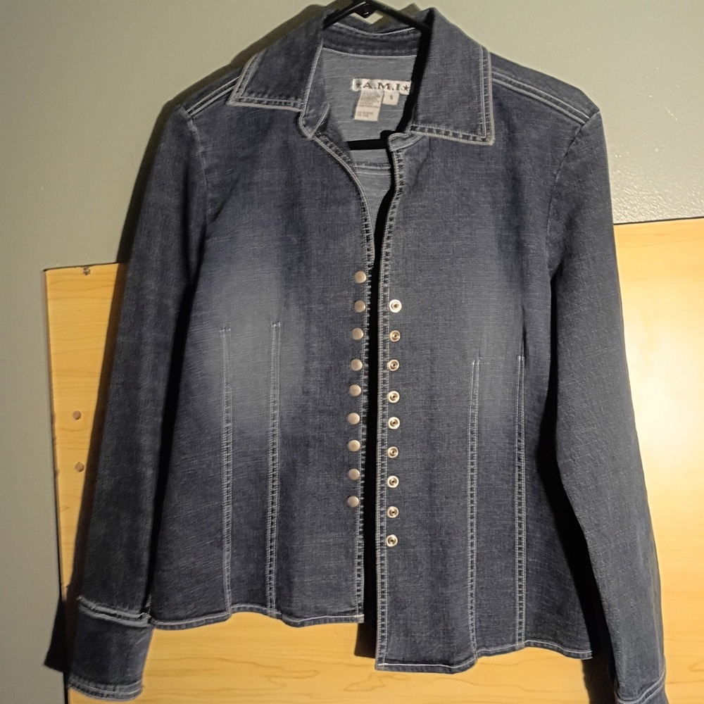 A.M.I. Denim Jacket Women S Blue Snap Front Long Sleeve Stretch Jean Top